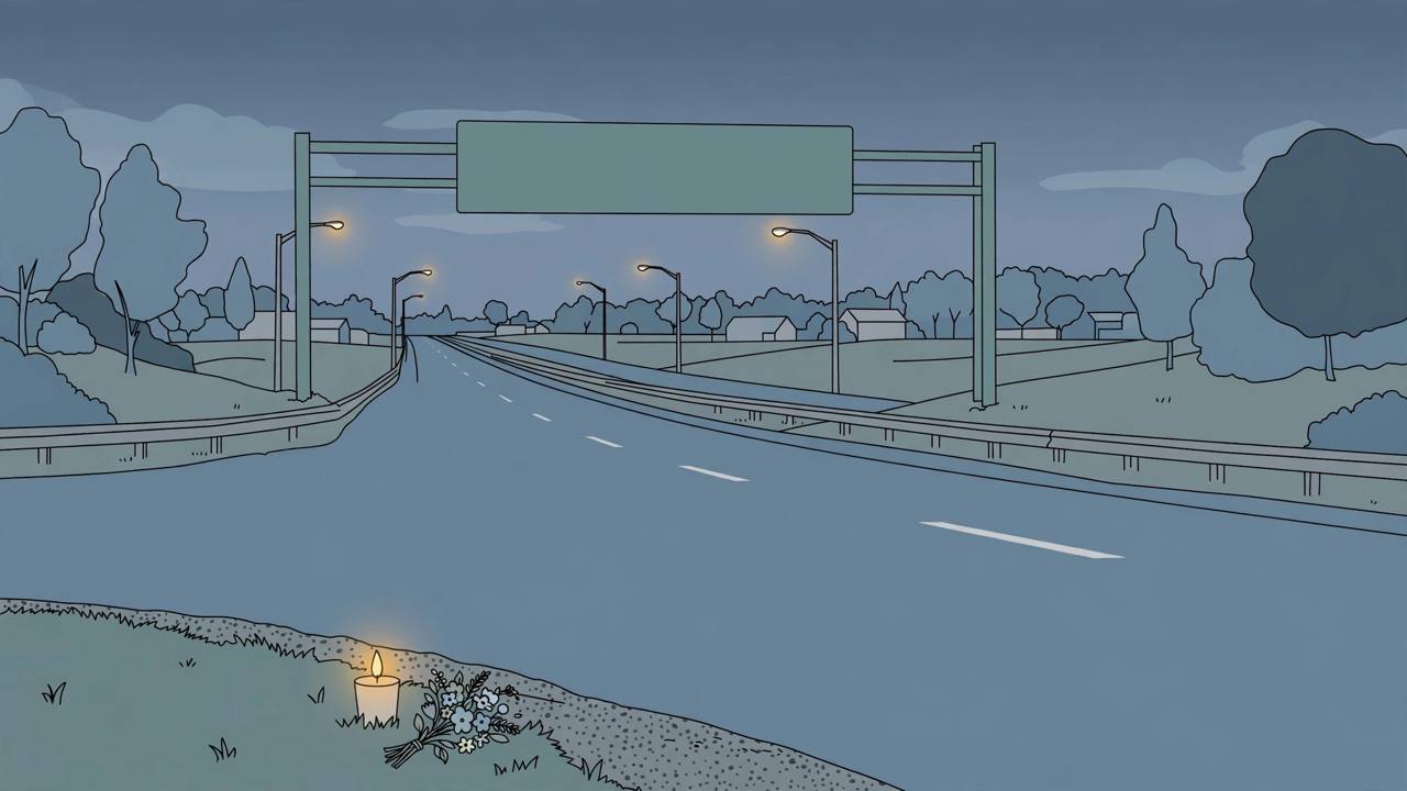 Editorial illustration of a quiet New Jersey highway at dusk with a candle and flowers on the roadside, in memory of a woman killed on Route 17 in Paramus