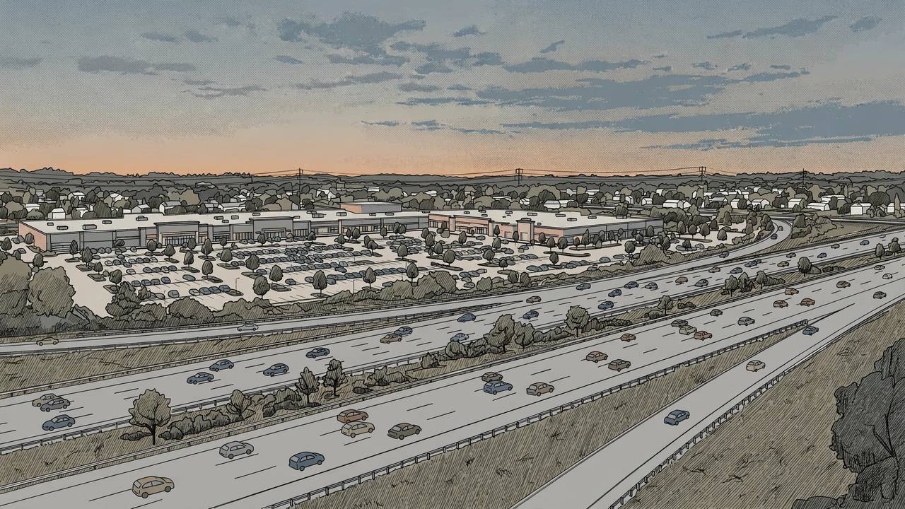Editorial illustration of a busy multi-lane New Jersey suburban highway at dusk near a shopping plaza, flat style, no crash, no real persons