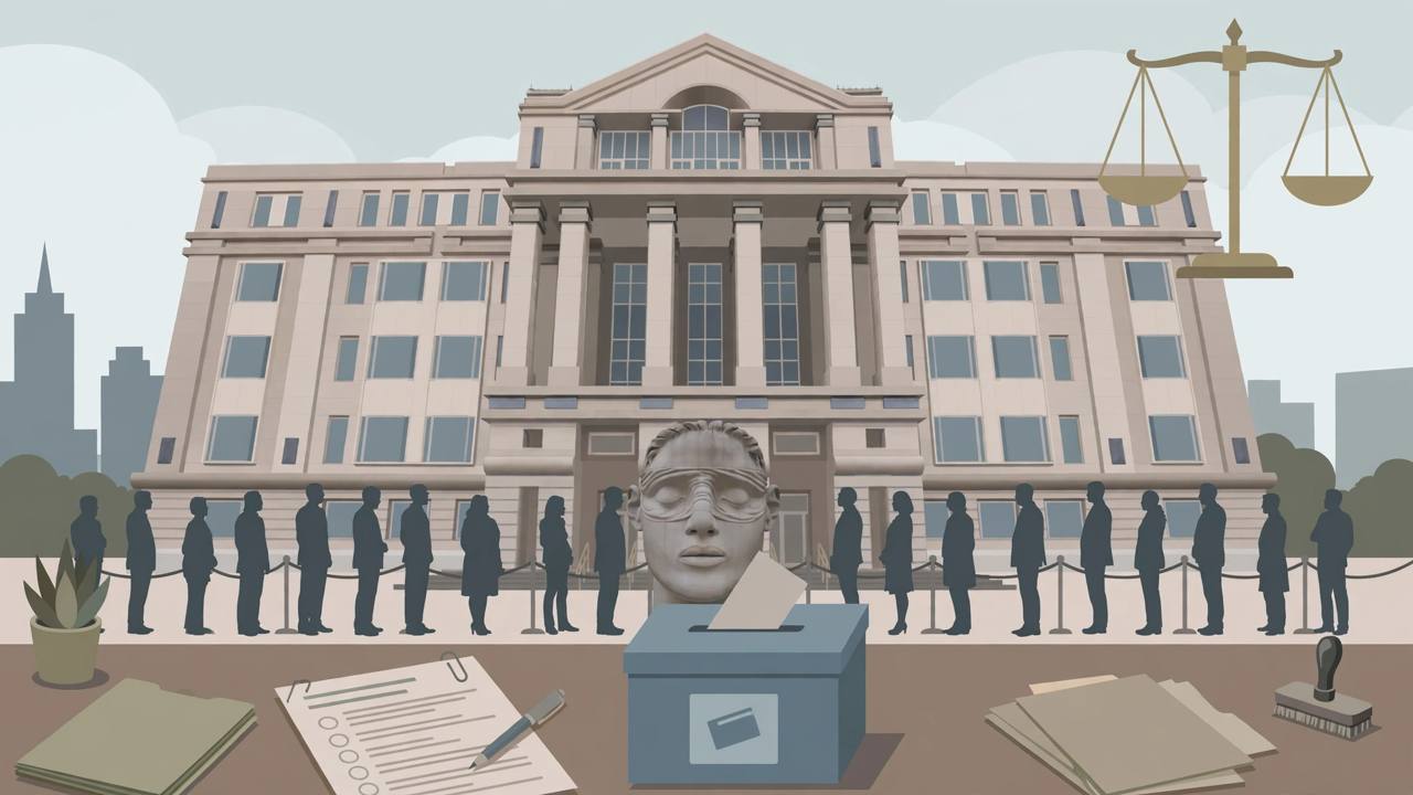 Editorial illustration of a federal courthouse in Newark with a ballot box and a citizenship application form, symbolising the Passaic County illegal voting charges