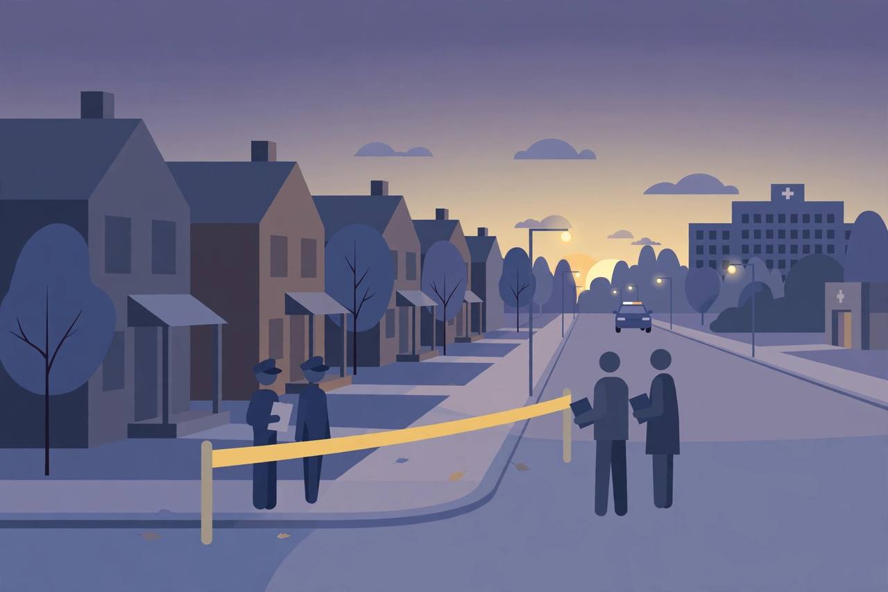 Editorial illustration of a quiet residential street corner in Paterson, New Jersey, with police tape in the distance