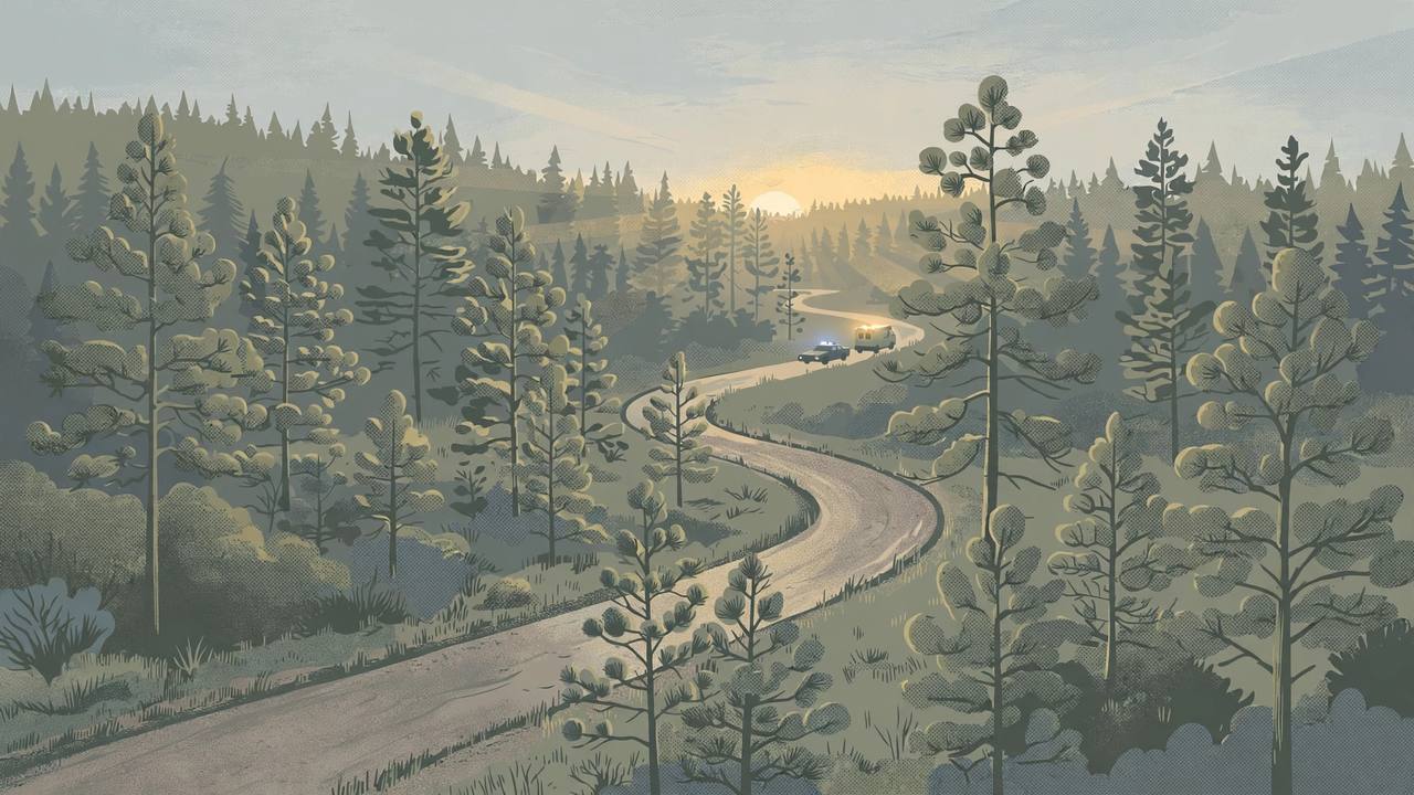 Editorial illustration of a quiet road through the New Jersey Pine Barrens with a police car and ambulance far in the distance, flat style, no people, no real persons