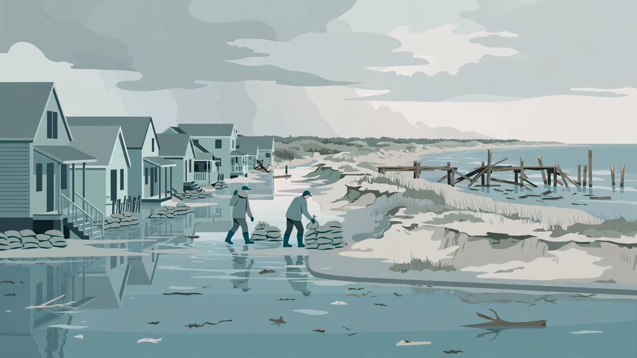 Editorial illustration of a flooded Jersey Shore street with eroded dunes and a damaged pier after a nor'easter