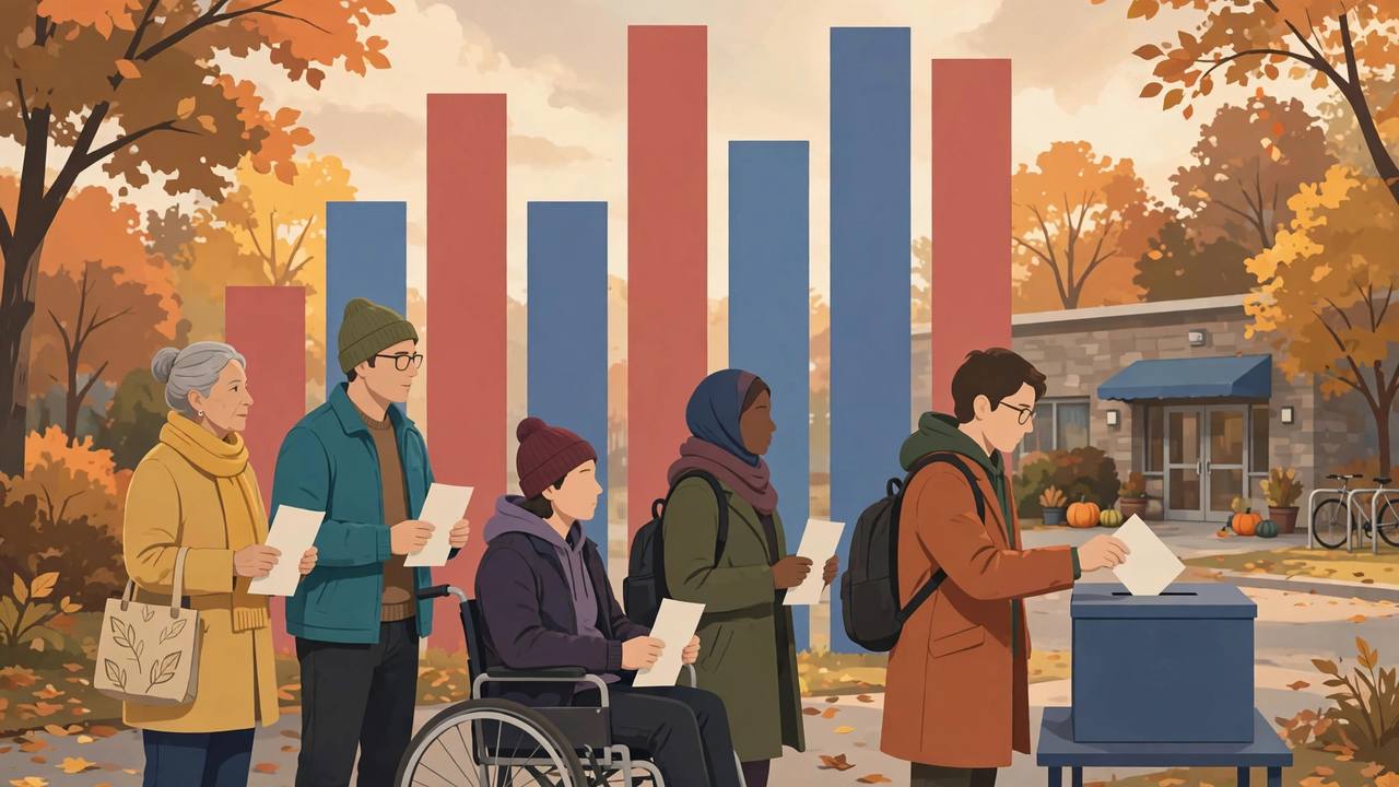 Editorial illustration of diverse New Jersey voters lining up to drop ballots into a ballot box, with red and blue opinion-poll bars rising behind them in autumn light