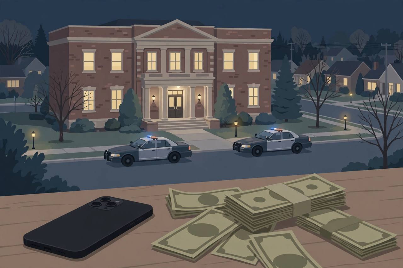 Editorial illustration of a generic prosecutor's office and police cars at night on a suburban New Jersey street, flat style, no real person depicted