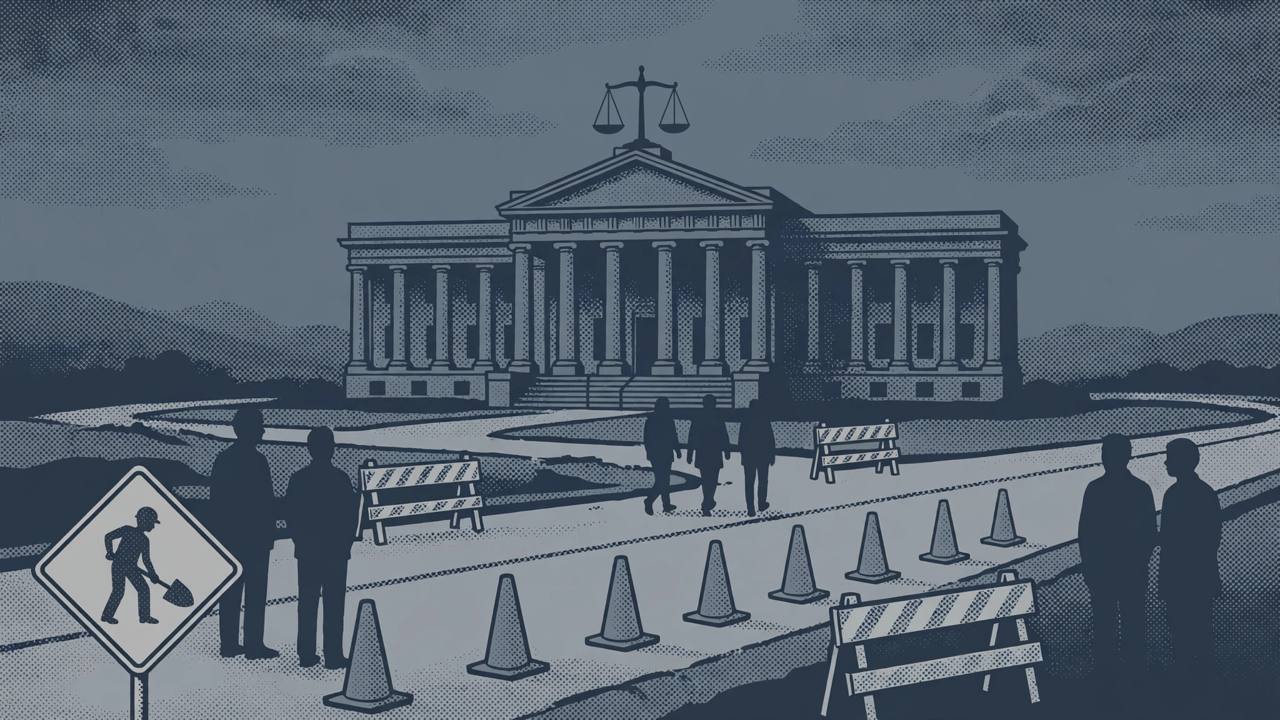 Editorial illustration of a generic courthouse with scales of justice and a road construction zone with cones in the foreground, flat style, no real person depicted