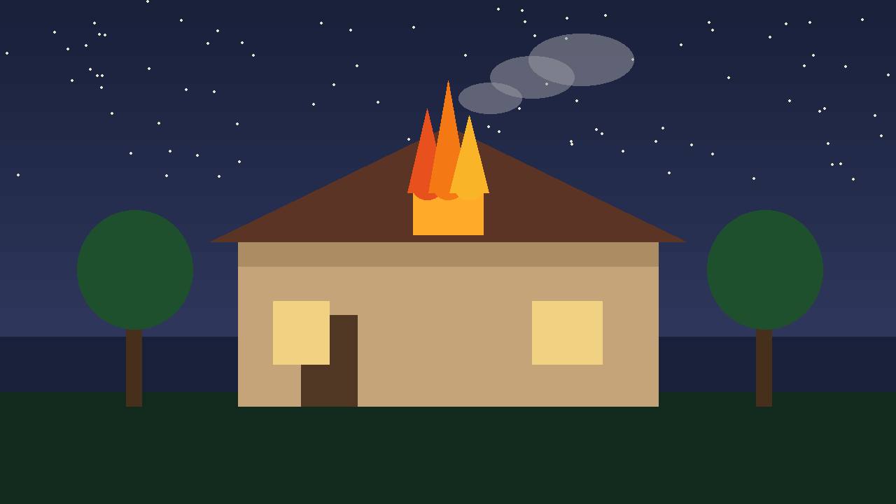 Editorial illustration of a generic suburban house at night with flames in the attic, flat style, no people, no text