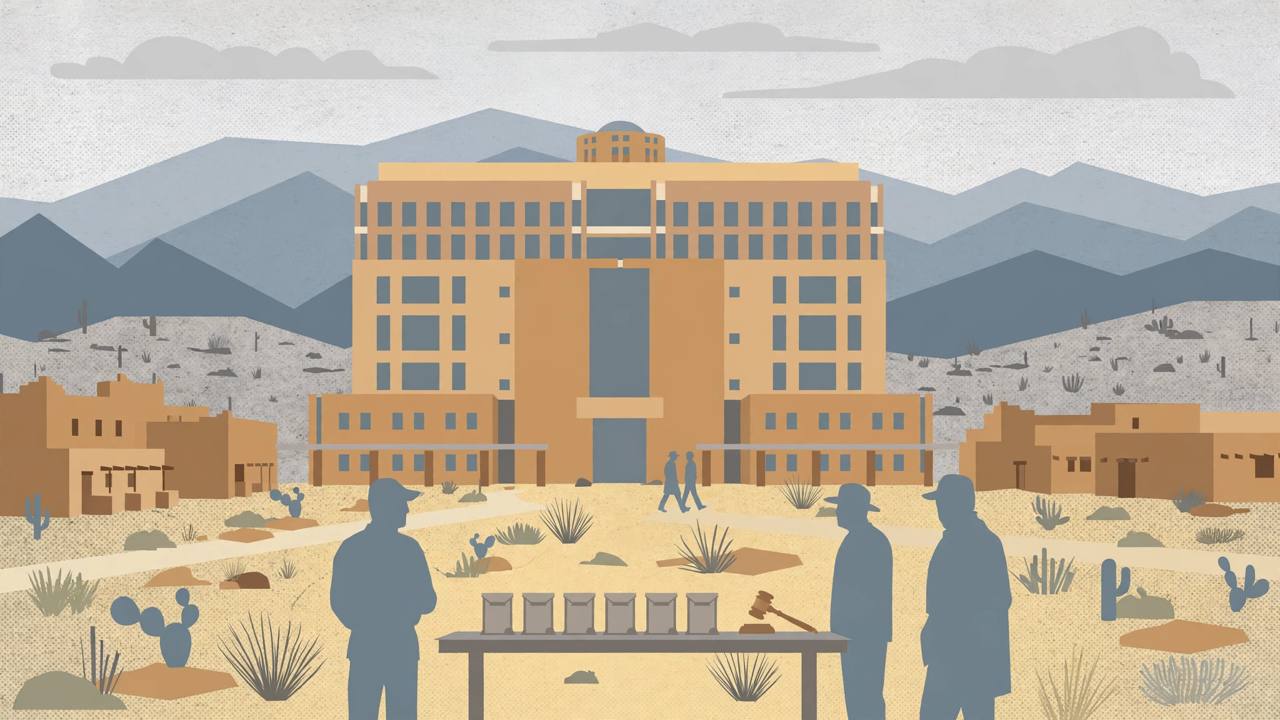 Editorial illustration of a federal courthouse in Albuquerque, New Mexico with desert mountains in the background