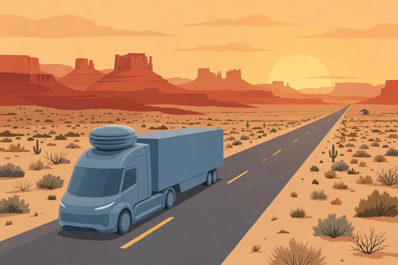 Editorial illustration of a driverless autonomous semi truck with a sensor pod on its cab driving on a desert interstate in New Mexico at golden hour, with red mesas in the distance