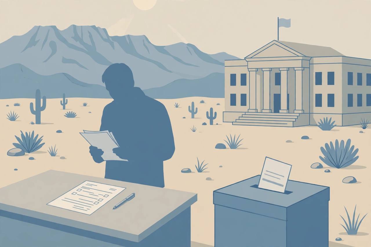 {'en': 'Editorial illustration of a voter registration desk, paper application and ballot box outside a courthouse in Albuquerque, generic silhouettes only', 'pa': 'ਅਲਬੂਕਰਕੀ ਵਿੱਚ ਅਦਾਲਤ ਦੇ ਬਾਹਰ ਵੋਟਰ ਰਜਿਸਟ੍ਰੇਸ਼ਨ ਡੈਸਕ, ਕਾਗਜ਼ੀ ਅਰਜ਼ੀ ਅਤੇ ਬੈਲਟ ਬਾਕਸ ਦੀ ਸੰਪਾਦਕੀ ਤਸਵੀਰ, ਸਿਰਫ਼ ਆਮ ਆਕ੍ਰਿਤੀਆਂ', 'hi': 'अल्बुकर्की में अदालत के बाहर मतदाता पंजीकरण डेस्क, कागज़ का आवेदन और मतपेटी का संपादकीय चित्र, केवल सामान्य आकृतियाँ'}