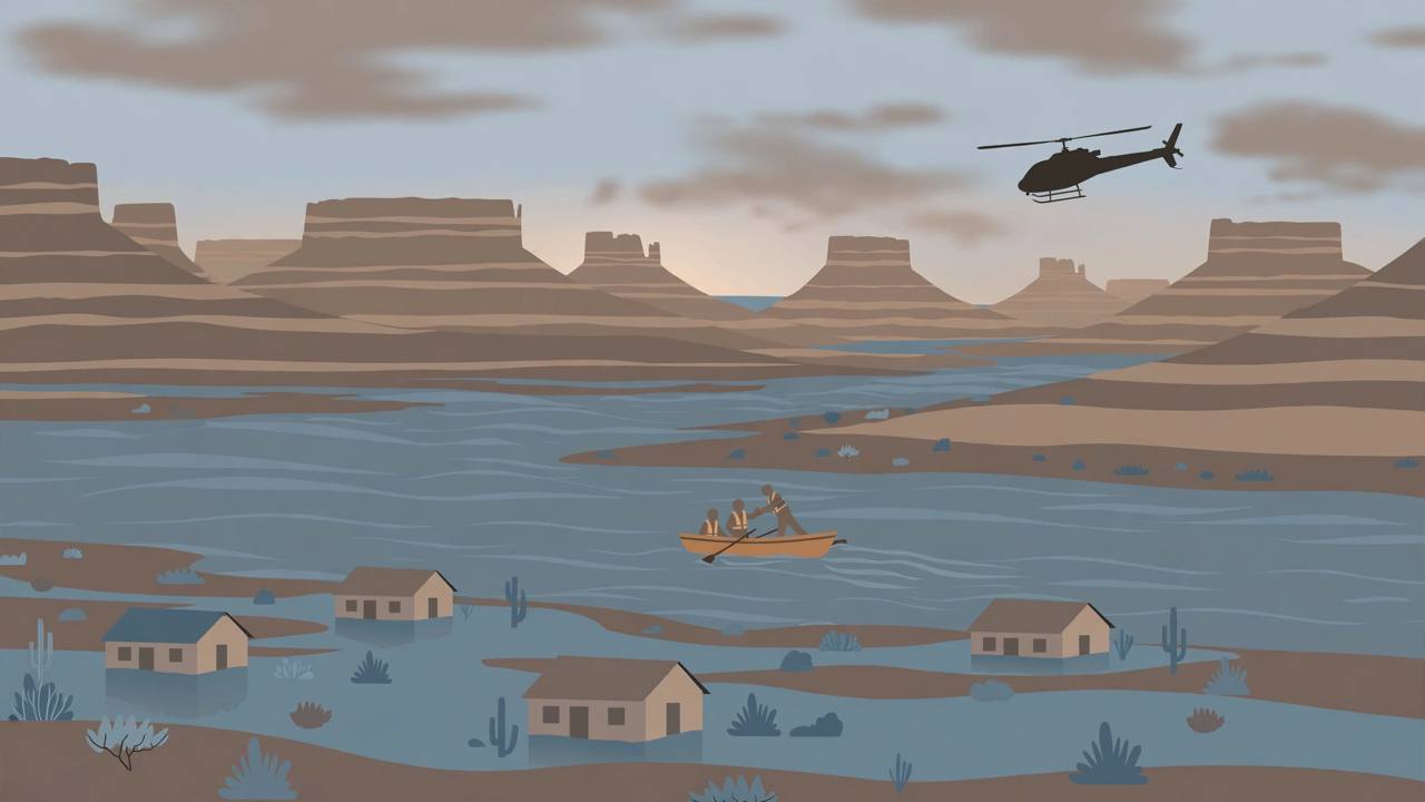 Editorial illustration of a swollen desert river around small houses with a rescue boat and helicopter among mesas, flat style, no real person depicted