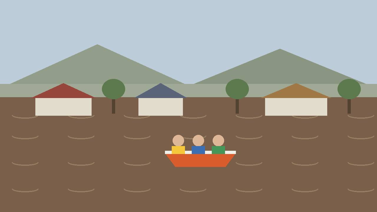Editorial illustration of a flooded river valley with house rooftops above brown floodwater and a generic rescue boat with faceless figures, flat style, no real person, no text