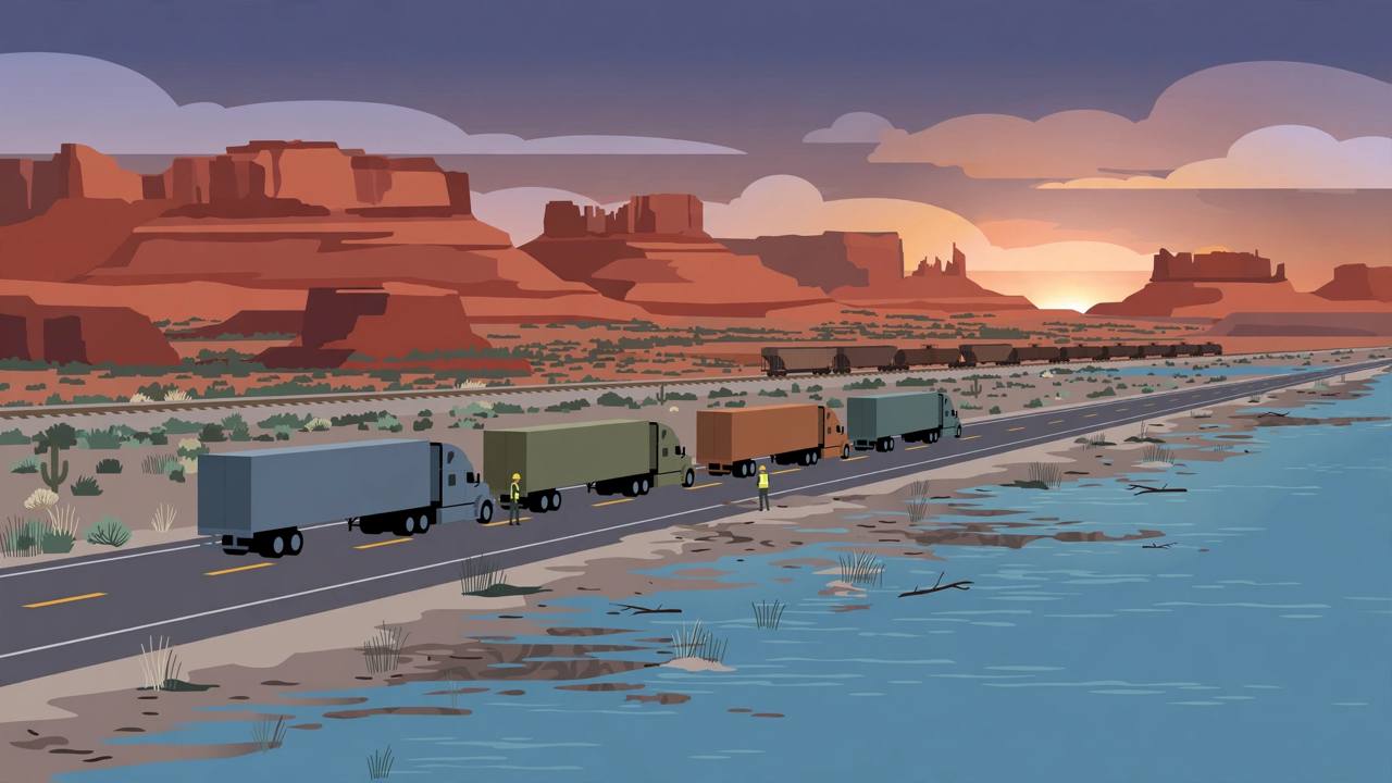 Editorial illustration of semi-trucks waiting beside receding floodwater on a desert interstate in New Mexico, a freight train on a parallel line and red-rock mesas behind; flat style, generic figures only, no real person is depicted