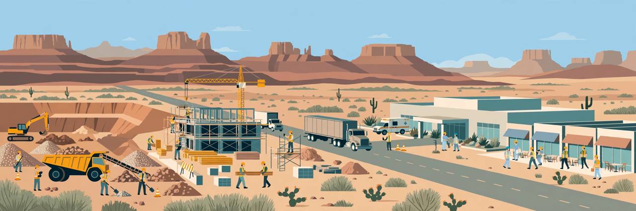 Editorial illustration of construction and mining workers in New Mexico with desert mesas, a hospital and shops in the background