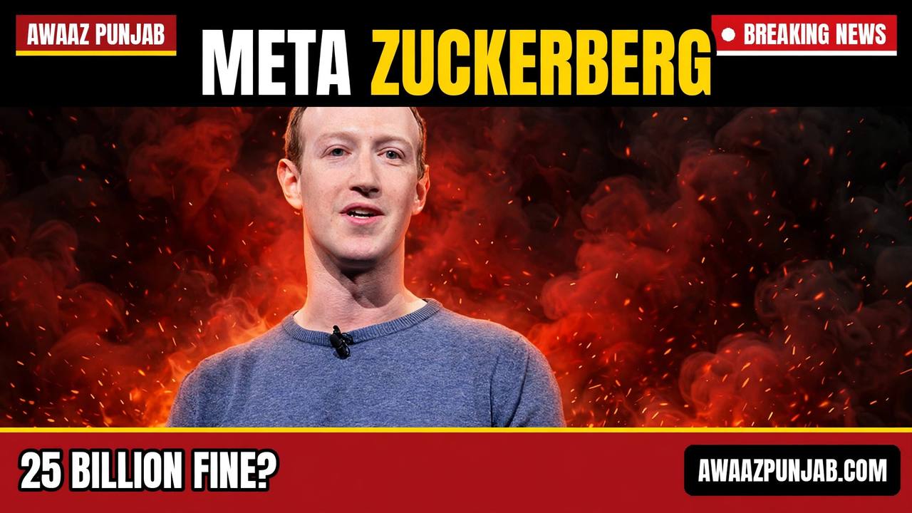 Branded Awaaz Punjab thumbnail with a real-photo cut-out of Meta CEO Mark Zuckerberg and the headline hook 25 Billion Fine