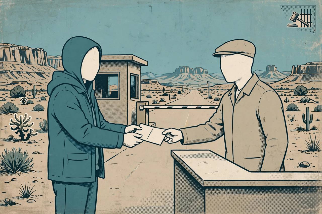 Editorial illustration of a generic faceless figure handing a paper birth certificate across a desert border checkpoint counter to another generic figure, flat style, no text, no real person's face
