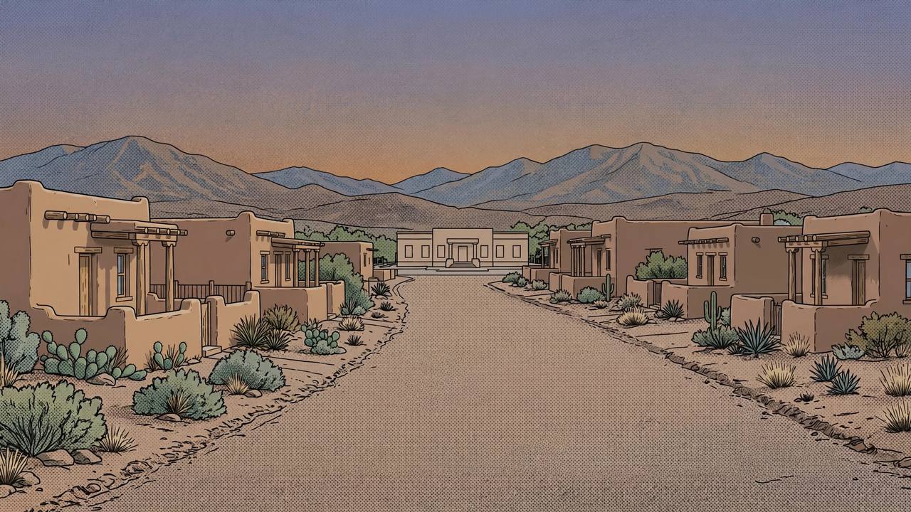 Editorial illustration of a quiet residential street with adobe houses and desert mountains in Santa Fe, New Mexico at dusk, flat style, no people, no incident depicted, no text
