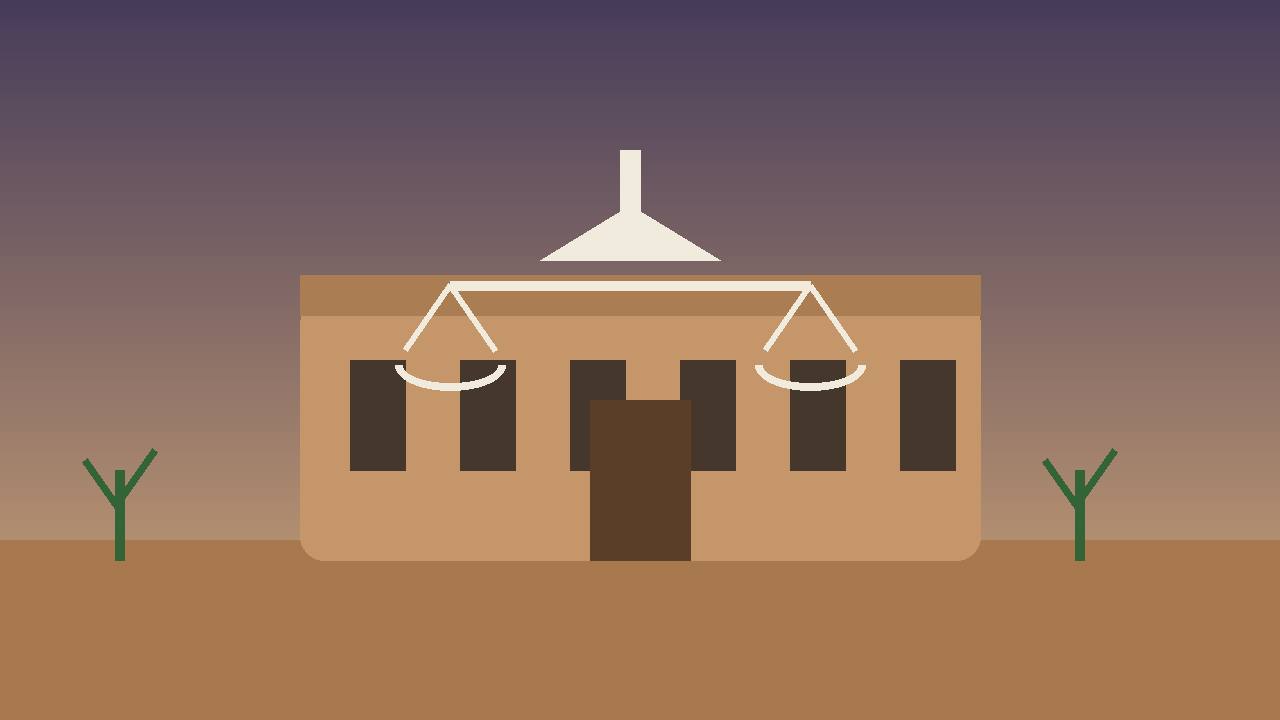 Editorial illustration of a generic adobe-style courthouse with scales of justice in a desert setting, flat style, no real person depicted
