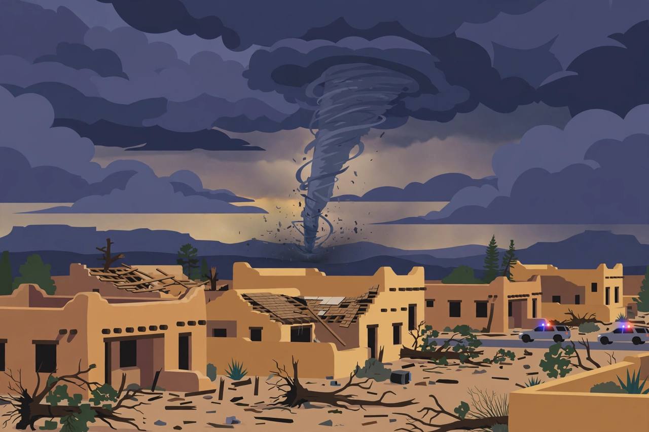 Editorial illustration of a tornado touching down over a Santa Fe neighbourhood at dusk