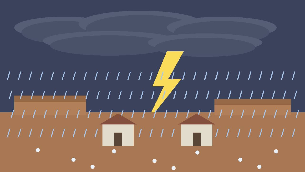 Editorial illustration of a desert mesa landscape under dark storm clouds with a lightning bolt, rain streaks, hailstones and two generic houses, flat style, no text, no real person's face