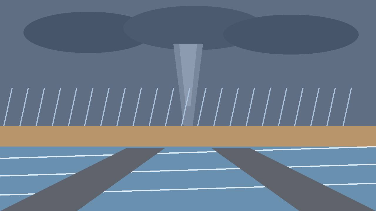 Editorial illustration of a generic desert storm with a funnel cloud, rain and a flooded road, flat style, no text, no real person or place depicted