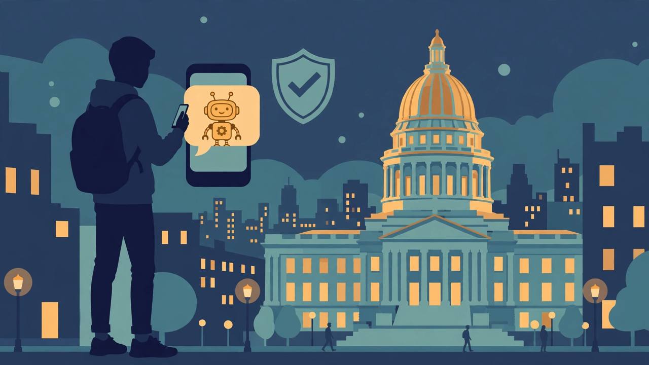 Editorial illustration of a generic teenage student in New York holding a smartphone with a friendly cartoon robot chat bubble, a protective shield and a state capitol building behind, in muted navy, teal and amber tones