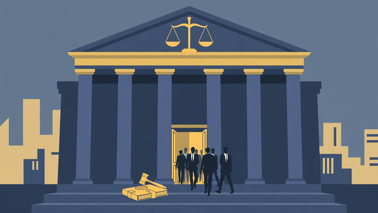 Editorial illustration of a generic Manhattan federal courthouse with a scales-of-justice motif and a gavel on a case file, flat style, no real person, no text
