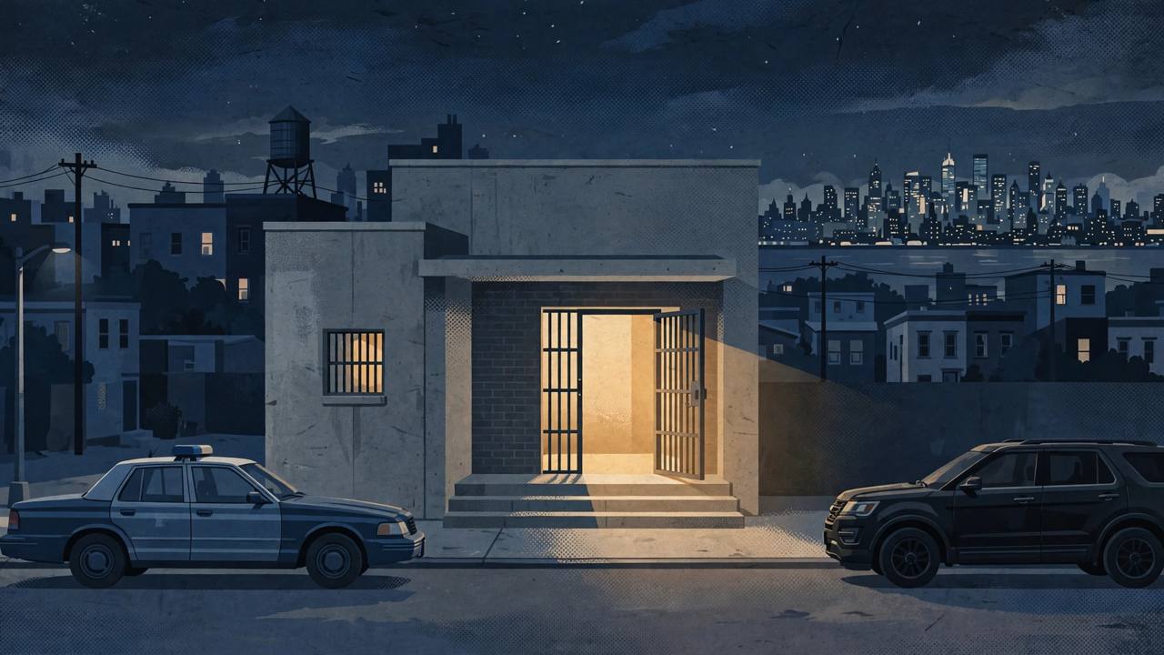 Editorial illustration of a Queens booking facility at night with a city police car and an unmarked federal SUV parked apart, and an open empty doorway