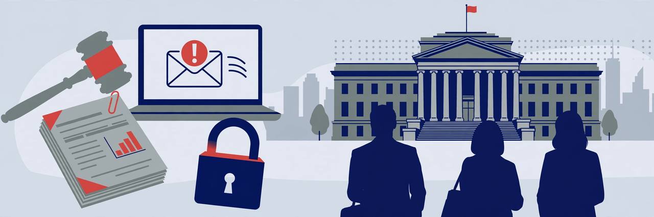 Editorial illustration of a generic federal courthouse in New York with a gavel, a laptop showing a phishing envelope, tax documents and a padlock, no real person's face and no text