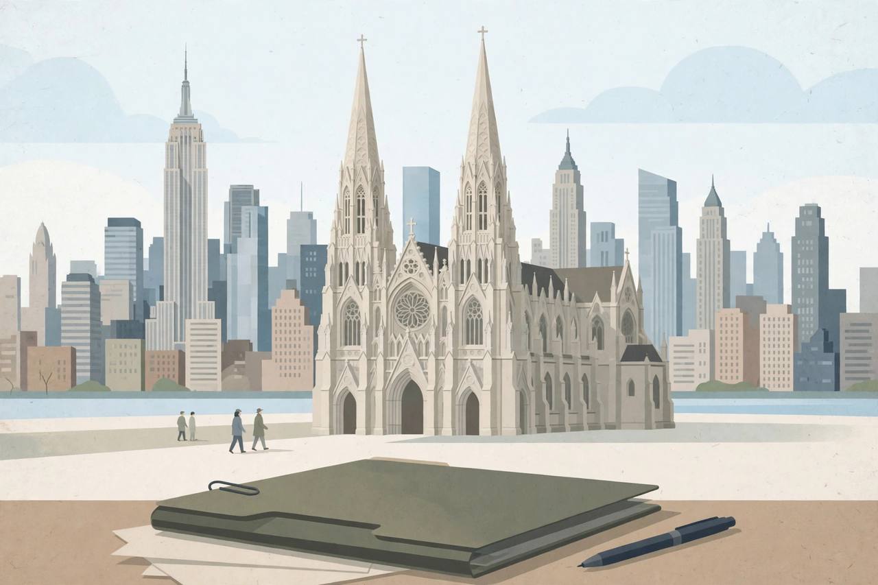 Editorial illustration of a generic cathedral in New York City with a settlement document folder in the foreground, flat style, no real person depicted, no incident depicted