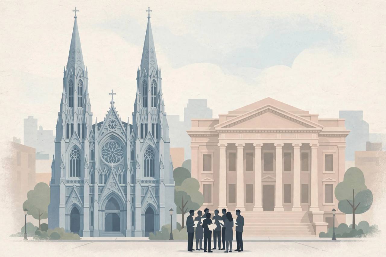 Editorial illustration of a cathedral and courthouse in New York City with generic figures; no victim or incident is depicted
