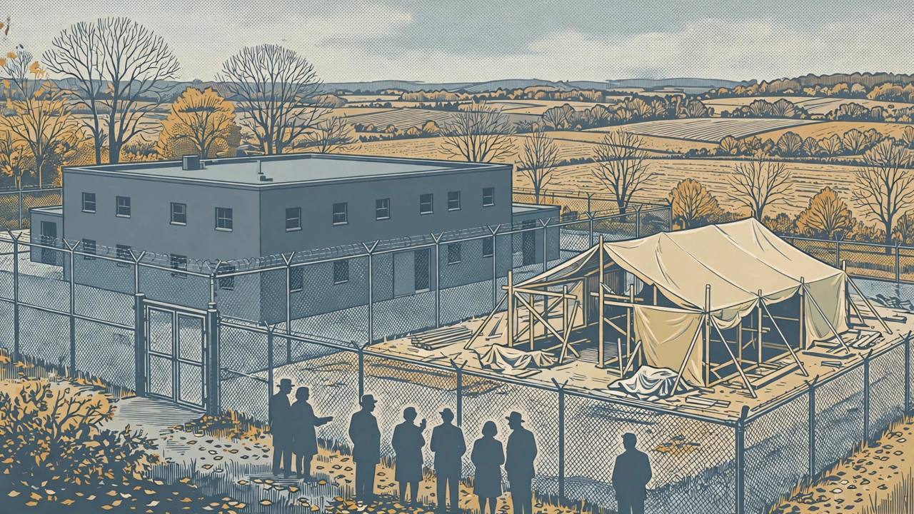 Editorial illustration of a fenced immigration detention centre in rural upstate New York with a new tent-like structure under construction beside it, flat style, generic figures, no real person
