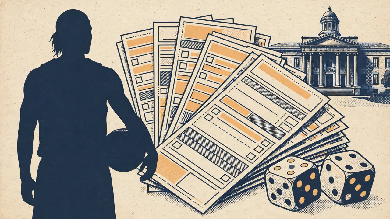 Flat editorial illustration of a generic basketball player silhouette from behind with a basketball, oversized betting slips and dice, and a courthouse behind, no text, no real person