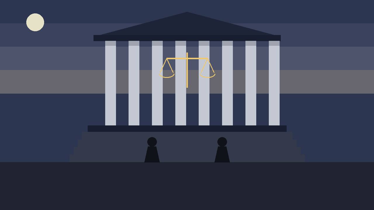 Editorial illustration of a federal courthouse with columns and a balance scale at dusk, with two generic silhouettes on the steps