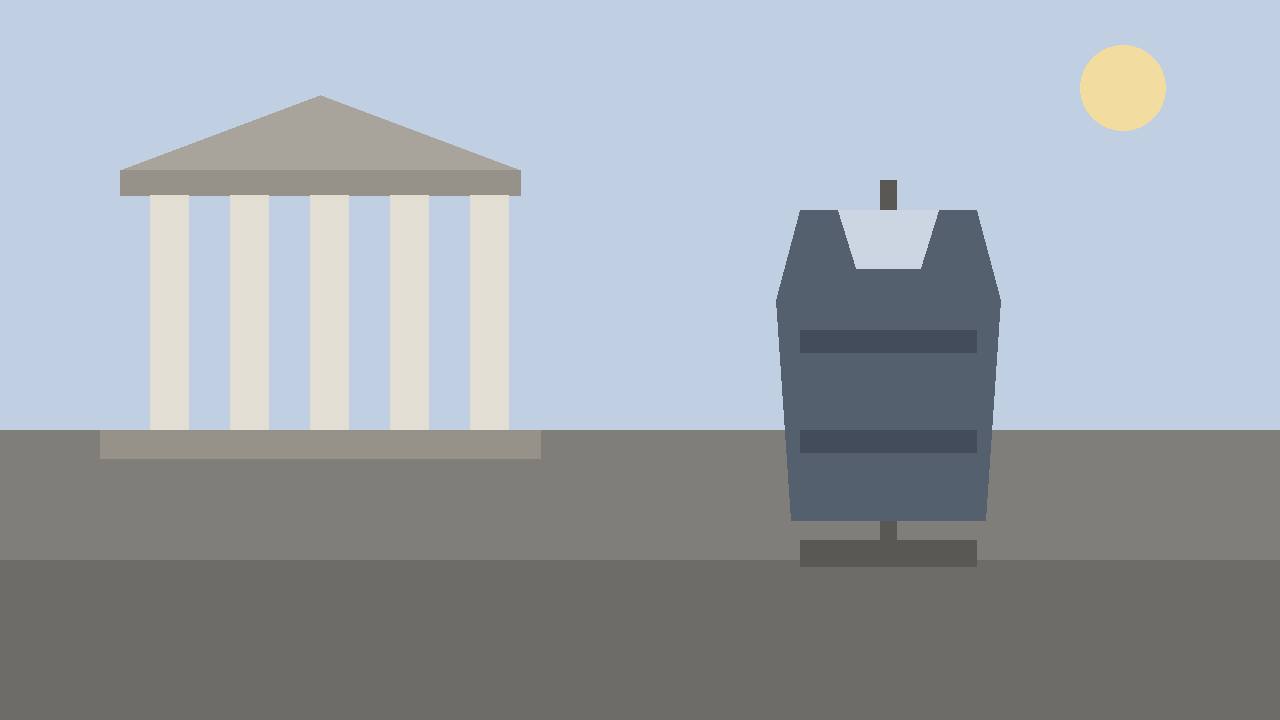 Editorial illustration of a plain protective vest on a stand in front of a generic courthouse, flat style, no people, no weapons, no text, no real building depicted