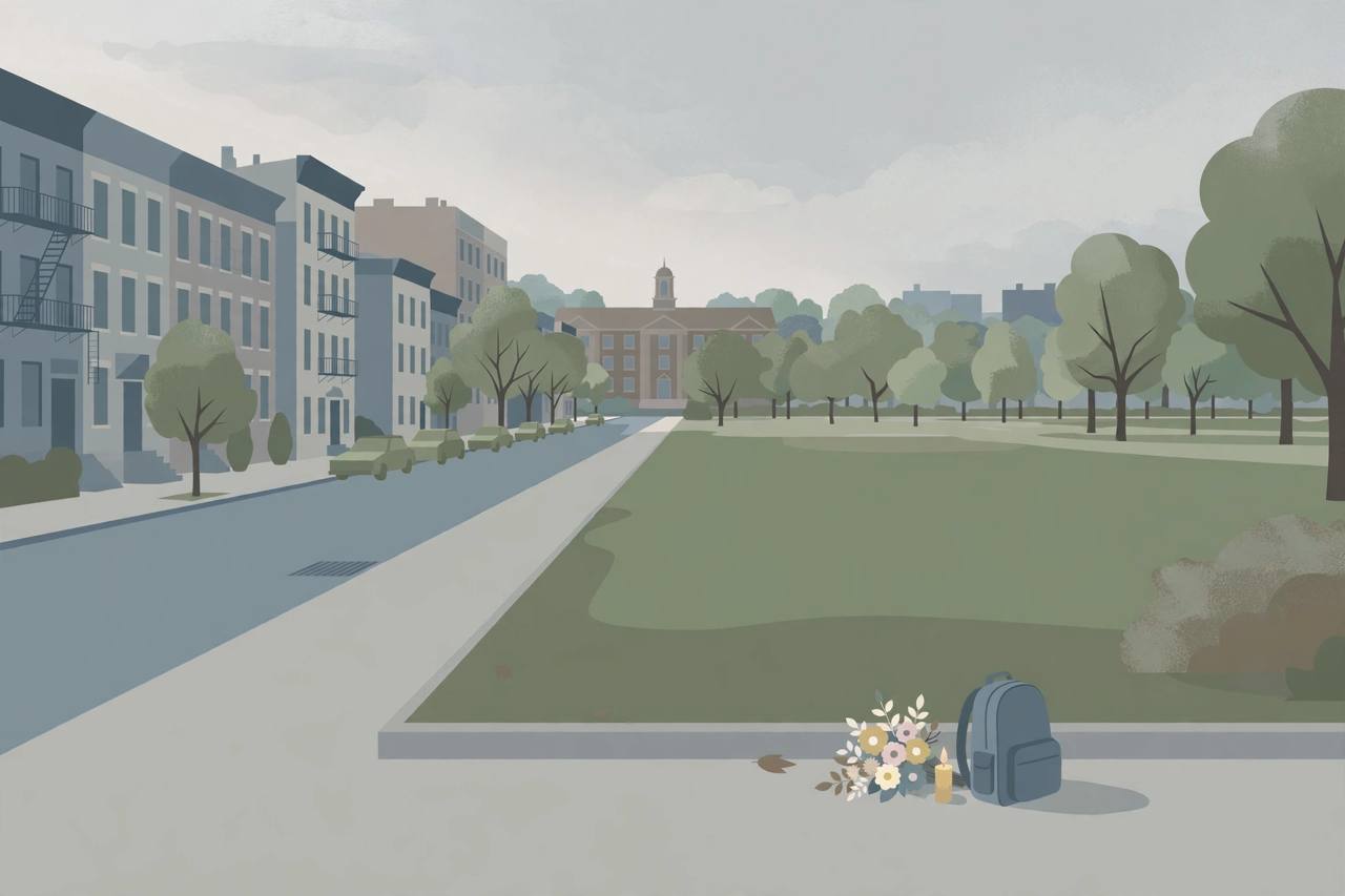 Editorial illustration of a quiet Bronx residential street beside Crotona Park in the morning, with a school in the distance and flowers and a backpack placed on the sidewalk as a small memorial