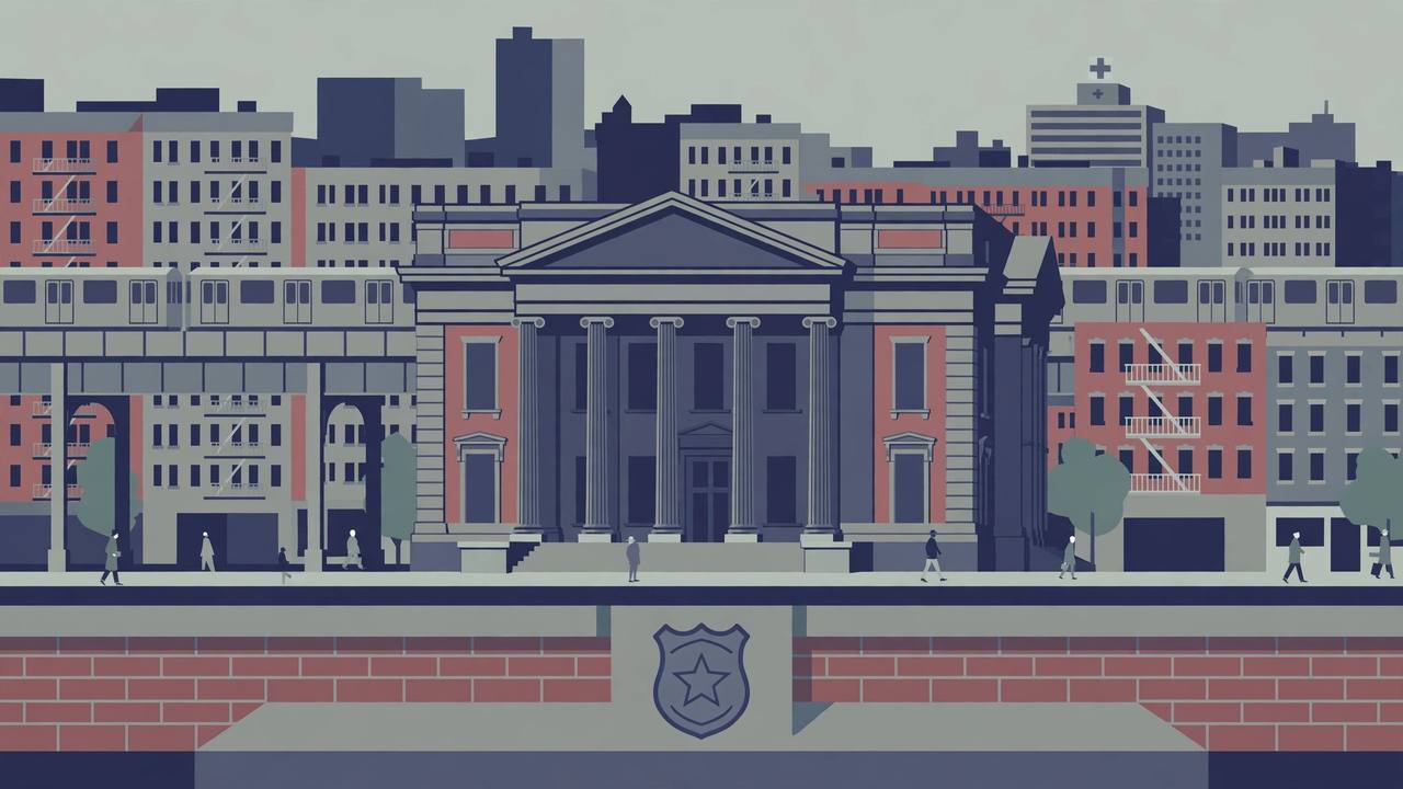 Editorial illustration of a Bronx courthouse with columns, apartment blocks and an elevated train behind it and a generic police shield motif in the foreground, flat style, no text, no real people, no violence
