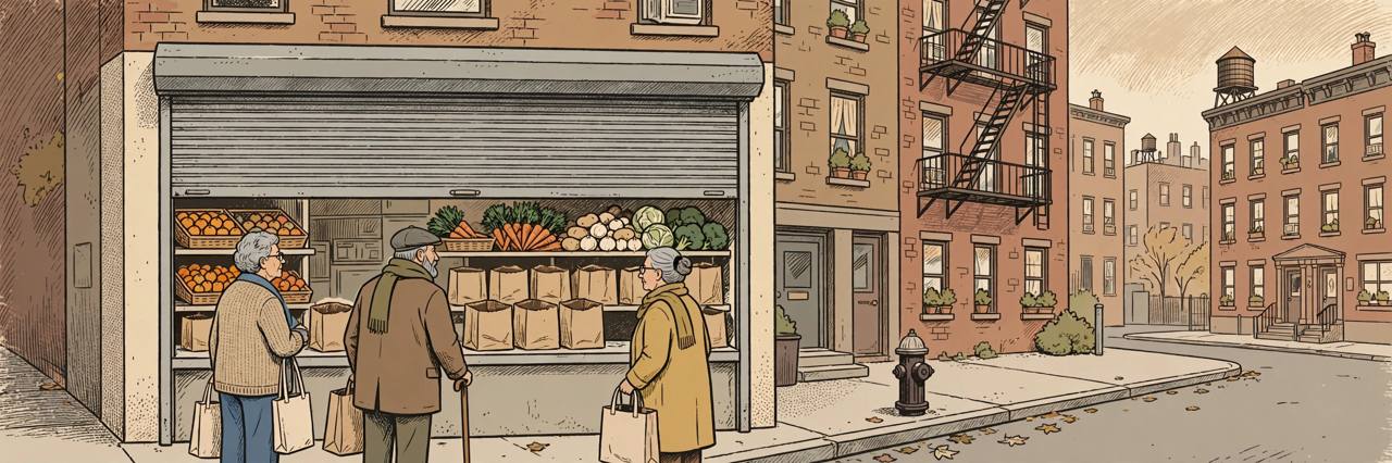 Editorial illustration of a small Bronx food pantry with a half-closed shutter and generic figures of neighbours waiting with shopping bags