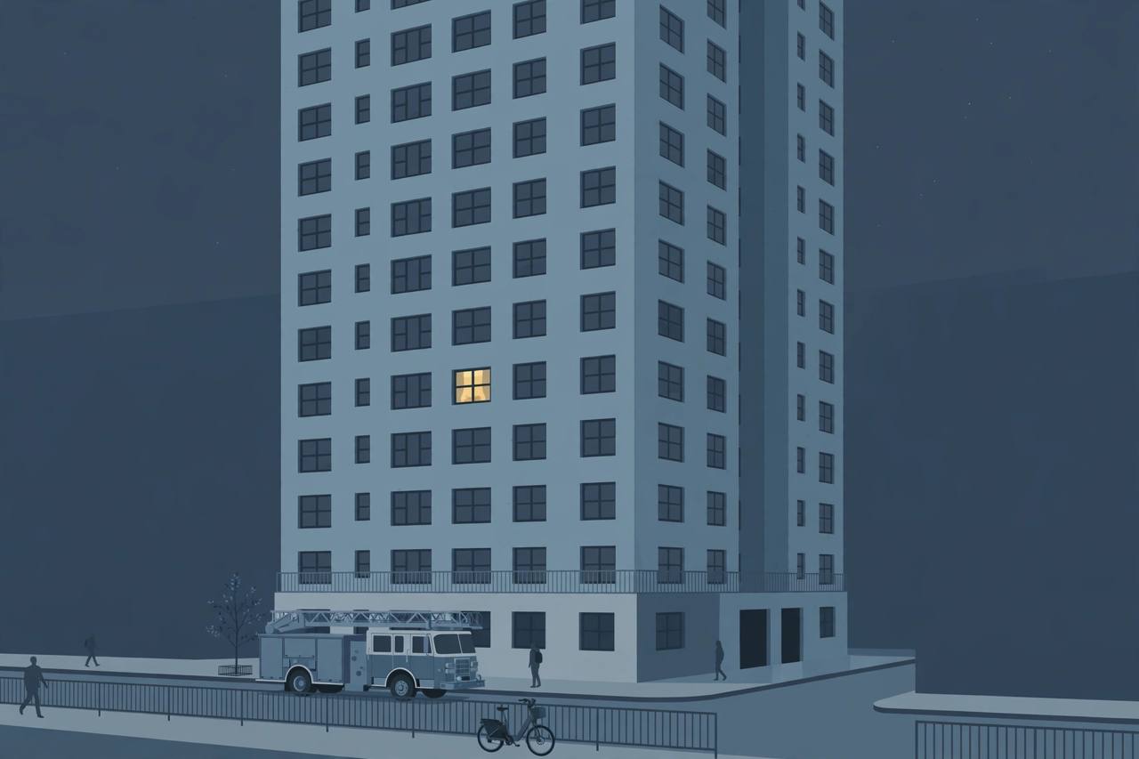 Editorial illustration of a New York public housing tower at night with a fire truck parked outside and an e-bike by the railing