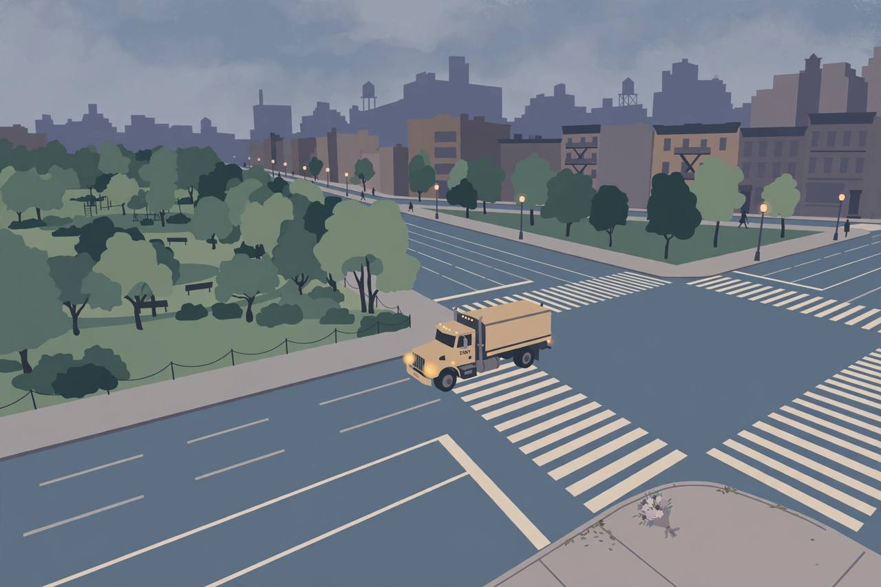 Editorial illustration of the wide Bay Parkway and Cropsey Avenue intersection in Brooklyn beside Bensonhurst Park at dusk, with a city sanitation truck stopped at a crosswalk and flowers on the corner