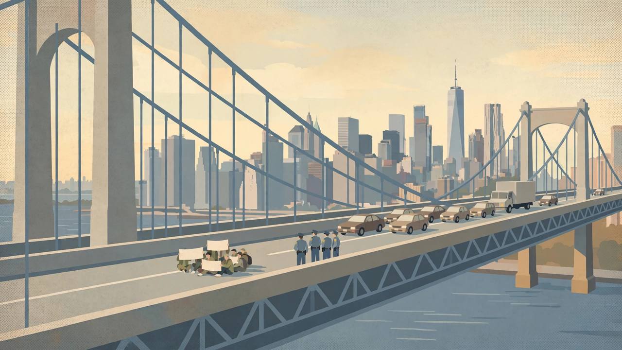 Editorial illustration of protesters with blank banners sitting across one lane of a large suspension bridge in New York City, with police nearby and traffic waiting