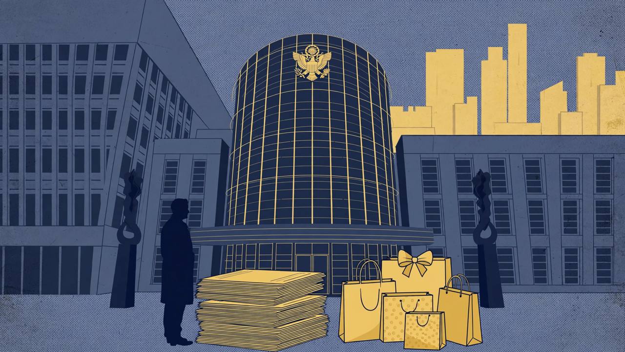 Editorial illustration of a federal courthouse in Brooklyn with stacked bank cheques and luxury shopping bags in the foreground, flat style, no real person depicted