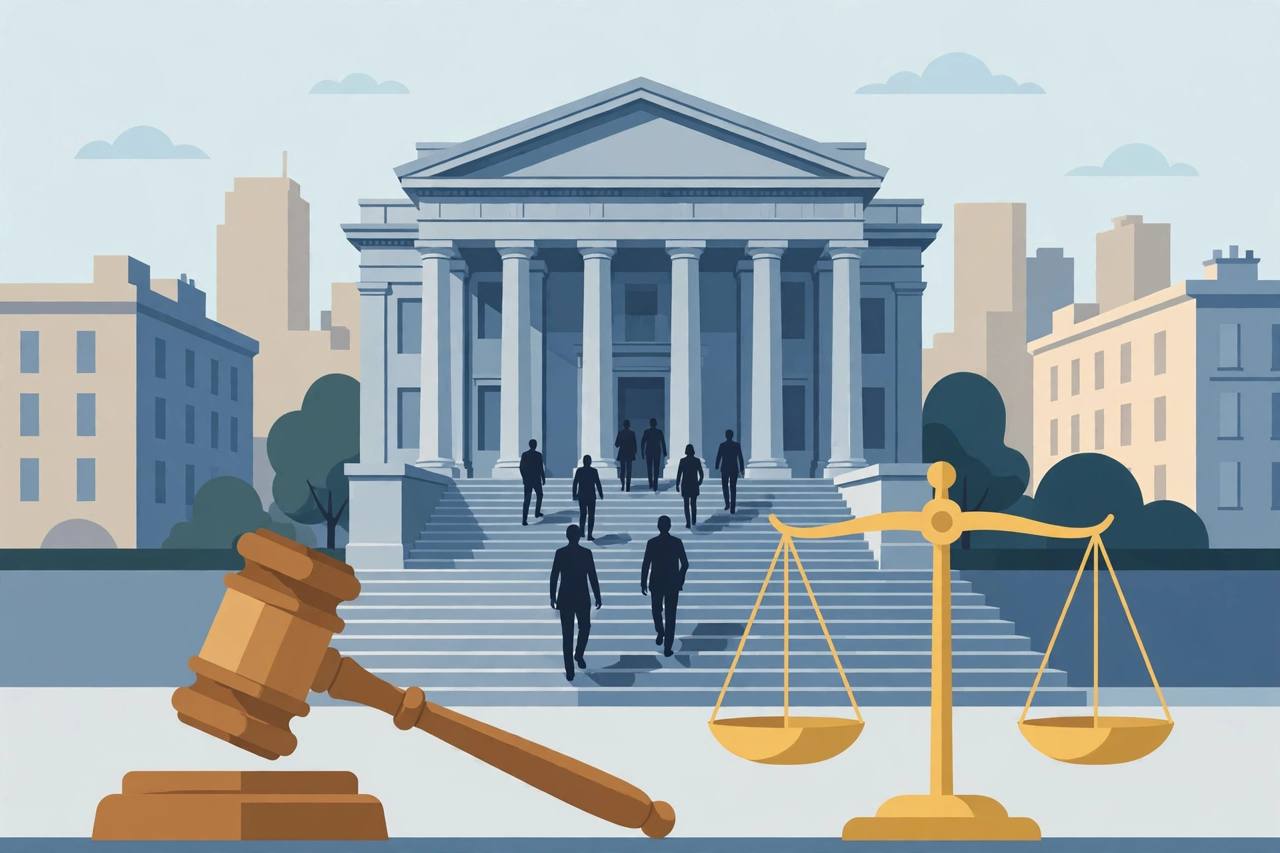 Editorial illustration of a generic federal courthouse in Brooklyn with columns, a gavel and scales of justice, flat style, no real person depicted