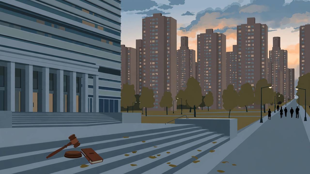 Editorial illustration of a Brooklyn federal courthouse at dusk with East New York public housing blocks behind it and a closed case file on the steps