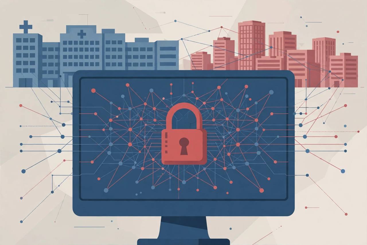 Editorial illustration of a hospital and office buildings behind a computer screen with a padlock, symbolising ransomware attacks, flat style, no real person depicted