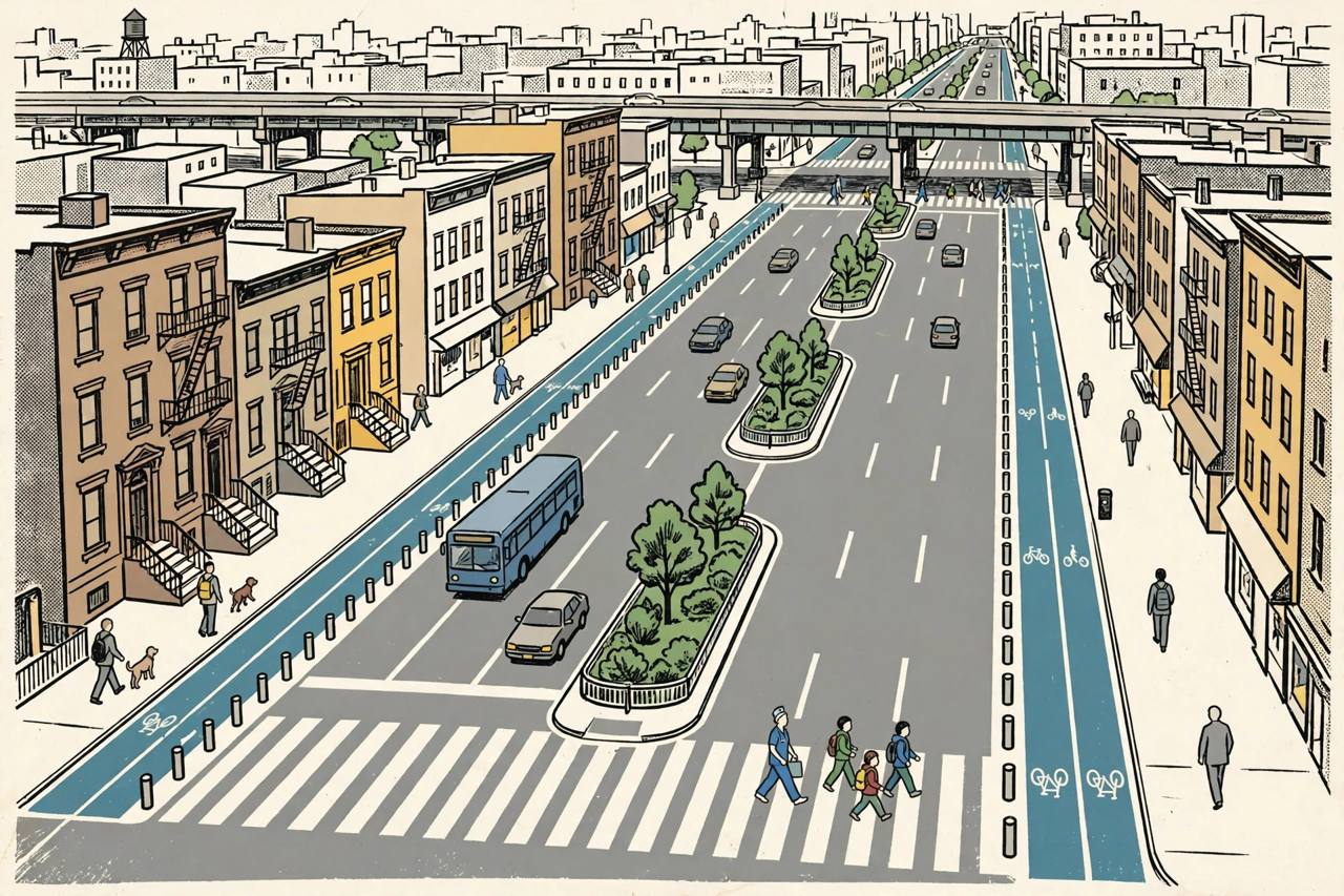 Editorial illustration of a wide Brooklyn avenue with new pedestrian islands, protected bike lanes and generic pedestrians including a nurse and school children crossing safely