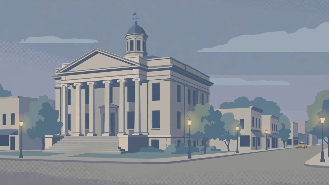 Editorial illustration of a generic courthouse at dusk, flat style, no people, no crash depicted, no text