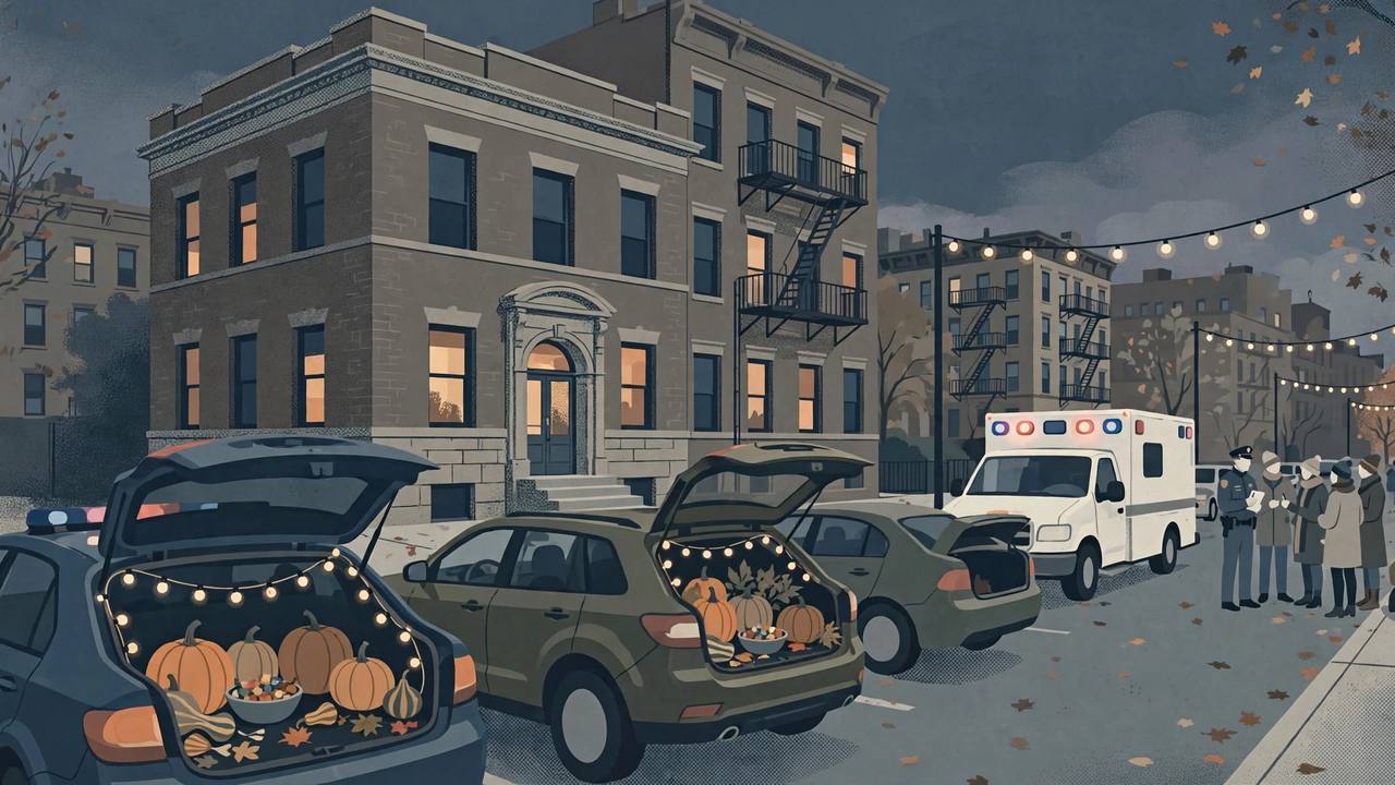 Editorial illustration of a Brooklyn police precinct at dusk with Halloween trunk-or-treat cars, pumpkins, string lights and an ambulance outside