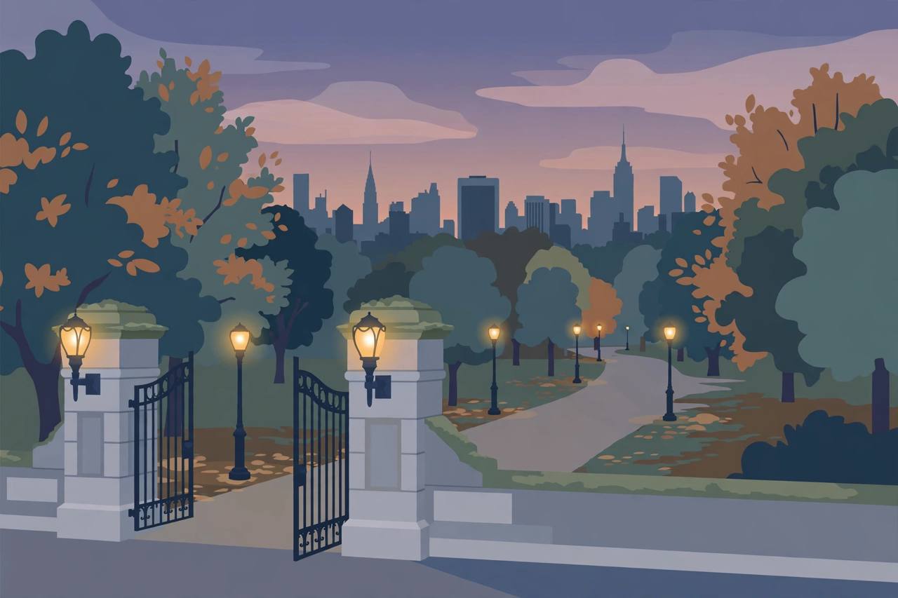 Editorial illustration of a quiet Central Park entrance at dusk with trees, a path, lampposts and the Manhattan skyline; no real person is depicted and the incident itself is not shown