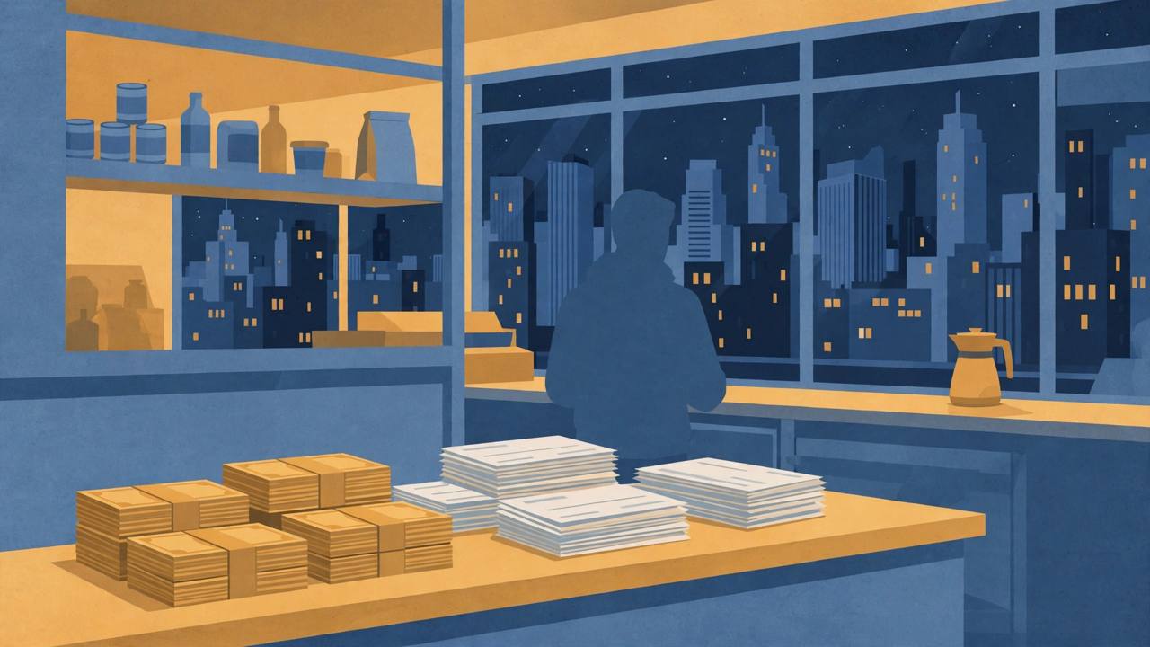 {'en': 'Editorial illustration of a generic New York convenience store counter with paper checks and cash bundles, no real person', 'pa': 'ਕਾਗਜ਼ੀ ਚੈੱਕਾਂ ਅਤੇ ਨਕਦੀ ਦੇ ਬੰਡਲਾਂ ਵਾਲੇ ਇੱਕ ਆਮ ਨਿਊਯਾਰਕ ਸੁਵਿਧਾ ਸਟੋਰ ਕਾਊਂਟਰ ਦੀ ਸੰਪਾਦਕੀ ਤਸਵੀਰ, ਕੋਈ ਅਸਲੀ ਵਿਅਕਤੀ ਨਹੀਂ', 'hi': 'कागजी चेकों और नकदी के बंडलों वाले एक सामान्य न्यूयॉर्क सुविधा स्टोर काउंटर का संपादकीय चित्र, कोई वास्तविक व्यक्ति नहीं'}