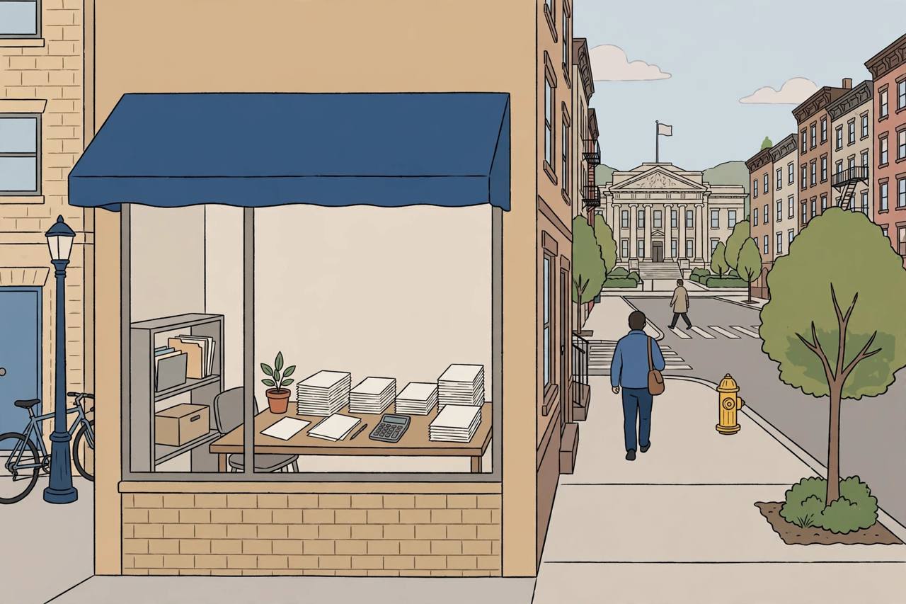 Editorial illustration of a generic Queens tax-preparation storefront with blank paper forms and a calculator, and a generic courthouse behind, flat style, no real person depicted
